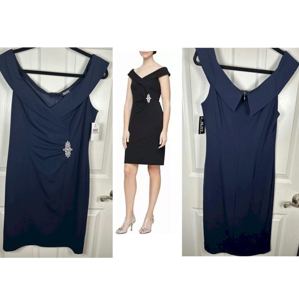 SLNY Navy Brooch Ruched Waist Sheath Dress Women's Size 10 New with Tags NWT